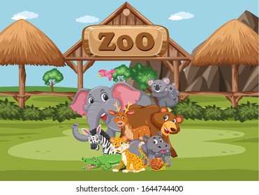 Scene with wild animals in the zoo at day time illustration