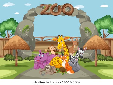 Scene with wild animals in the zoo at day time illustration