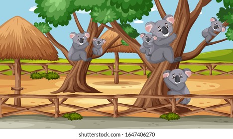 Scene with wild animals in the zoo at day time illustration