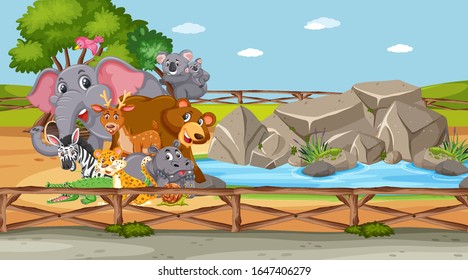 Scene with wild animals in the zoo at day time illustration