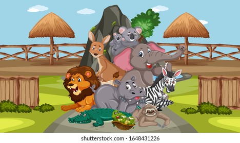 Scene with wild animals in the zoo at day time illustration