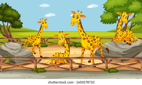 Scene with wild animals in the zoo at day time illustration