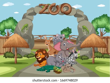 Scene with wild animals in the zoo at day time illustration