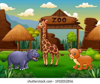 Scene with wild animals at the zoo illustration