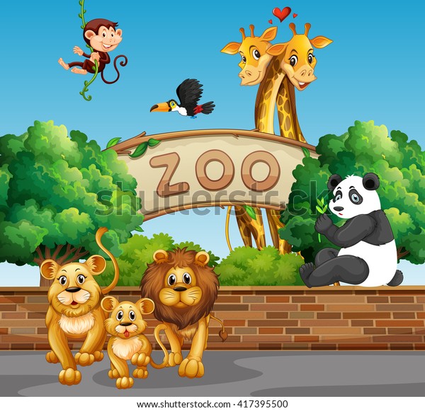 動物園のイラストで野生の動物が描かれたシーン のベクター画像素材 ロイヤリティフリー
