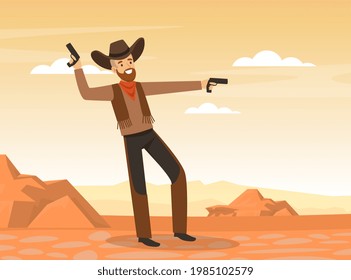 Scene of Wild West with Cowboy Shooting with Revolvers on Desert Landscape Vector Illustration