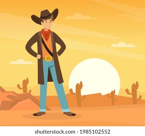 Scene of Wild West with Cowboy Standing at Sunset on Desert Landscape Vector Illustration