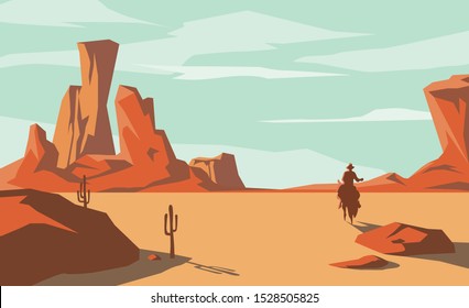 The scene of the wild west and the desert with cowboy riding a horse, vector illustration and design.
