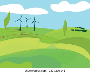 Scene with wind towers and solar panels  in the golf park illustration