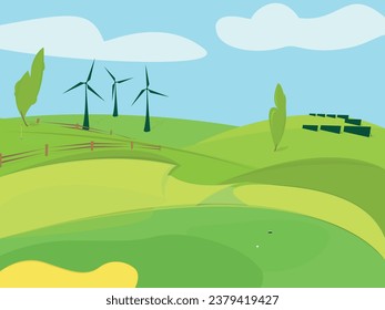 Scene with wind towers and solar panels  in the golf park illustration