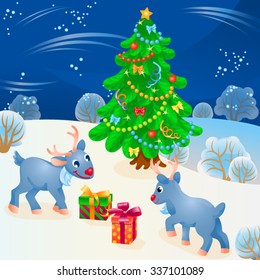 Scene of winter night with Christmas tree, two young rein deers and gift boxes in front of them / Card for Christmas in cartoon style 
