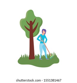 scene of woman with rake, tool of garden vector illustration design