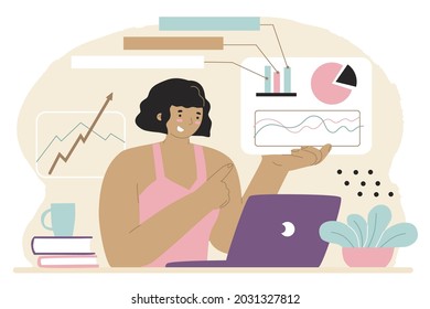 Scene with woman taking part in business activity. Infographics, online education. Vector illustration. Flat style. Isolated on white background. Home working, freelance, deal solution. 