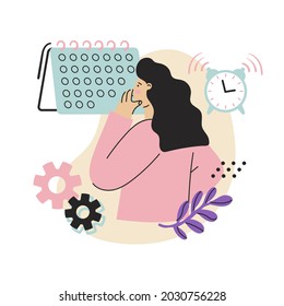 Scene with Woman thinks about time management. Vector illustration in flat style. Objects isolated on white background. Use for business web sites, presentations, information posts.