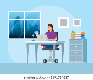 scene woman working at home avatar character vector illustration design