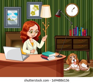 Scene with woman working on computer at home illustration