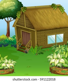 Scene with wood cabin in the garden illustration