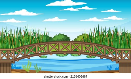 Scene and wooden bridge over pond illustration