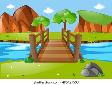 Scene with wooden bridge in park illustration