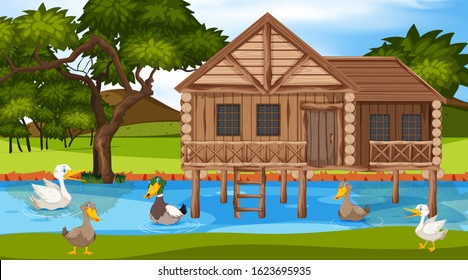 Scene with wooden cottage in the field by the river illustration