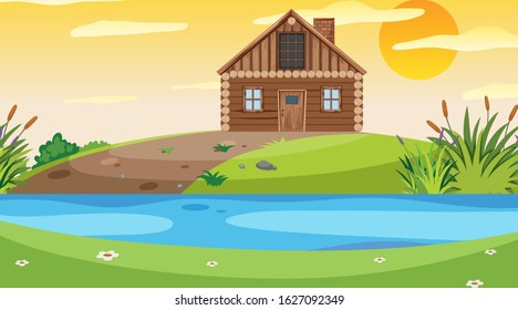 Scene with wooden cottage in the field by the river illustration