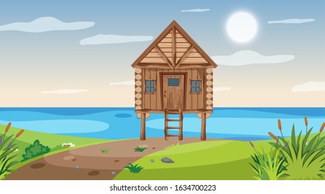 Scene with wooden cottage in the field by the river illustration