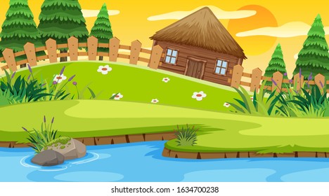 Scene with wooden cottage in the field by the river illustration
