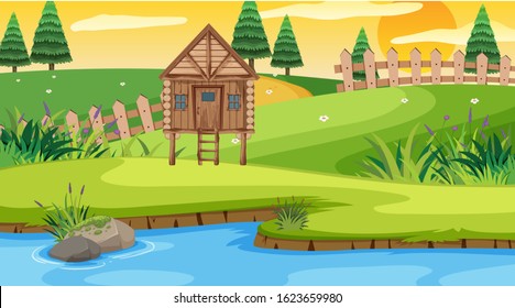Scene with wooden cottage in the field illustration