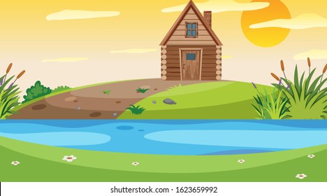 Scene with wooden cottage in the field illustration