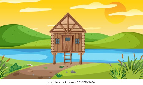 Scene with wooden cottage in the field illustration