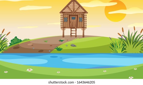 Scene with wooden cottage in the field illustration