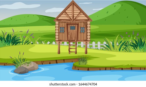 Scene with wooden cottage in the field illustration