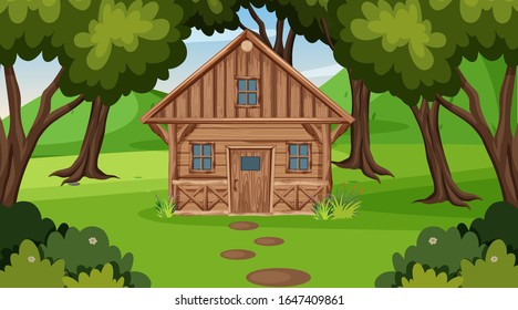 Scene with wooden cottage in the field illustration
