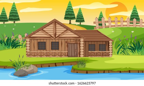 Scene with wooden cottage in the field at sunset illustration