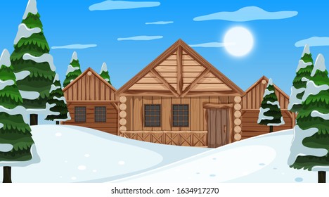 Scene with wooden cottage and pine trees in the snow field illustration