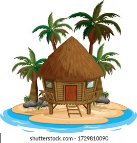 Scene with wooden house on the beach on white background illustration