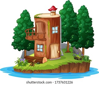 Scene with wooden house on white background illustration