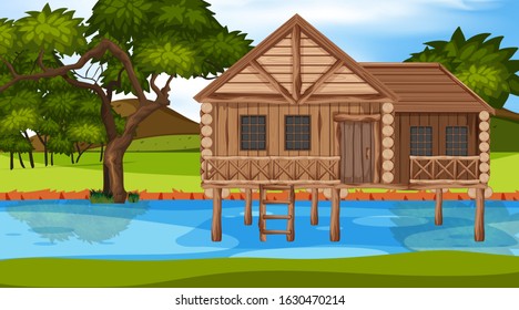 Scene with wooden house in the river illustration