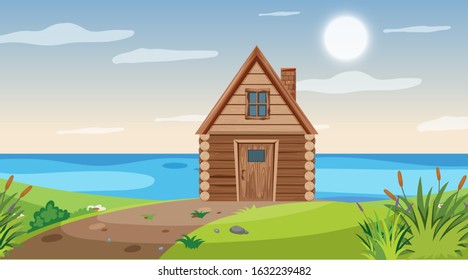 Scene with wooden hut by the lake illustration