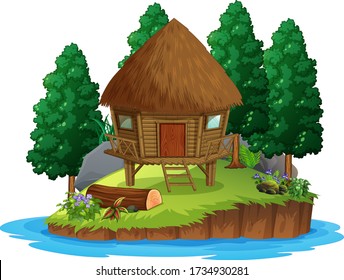 Scene with wooden hut in the forest on white background illustration