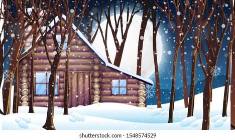 Scene with wooden hut in snow winter illustration