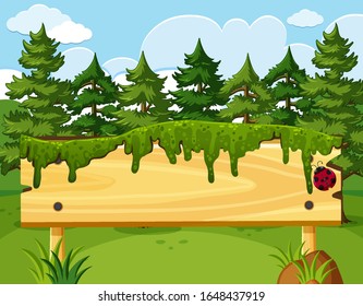 Scene with wooden sign and many pine trees in background illustration