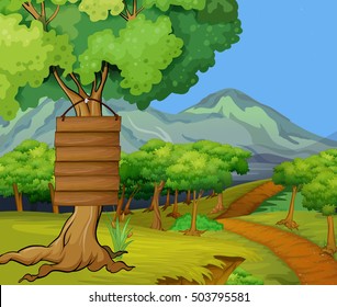 Scene with wooden signs in the jungle illustration