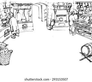 Scene of work of cooks in kitchen in an old castle. Illustration in sketchy style. Vector.