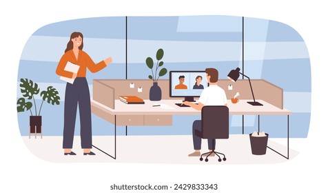 Scene with work process vector concept of workflow efficiency, effective development organization, professional corporate office illustration