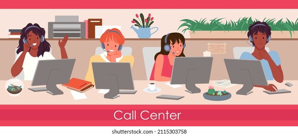 Scene of working team in call center customer service assistance. Online technical support agents at workstations with headset, consumers information helpline cartoon vector illustration
