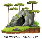 Scene wtih cave and trees illustration