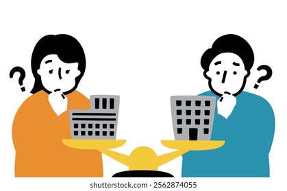 A scene of a young couple hesitating and weighing the pros and cons of real estate investment_Illustrations related to money such as savings, savings, and investment