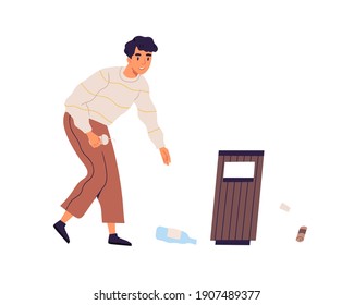 Scene With Young Man Collecting Rubbish To Throw It Into Trash Can. Guy Cleaning Street By Picking Up Plastic Litter. Colored Flat Vector Illustration Isolated On White Background