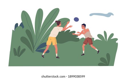 Scene of young men playing ball in nature in summertime. Two guys spending leisure time together outdoor in summer. Colorful flat vector illustration isolated on white background